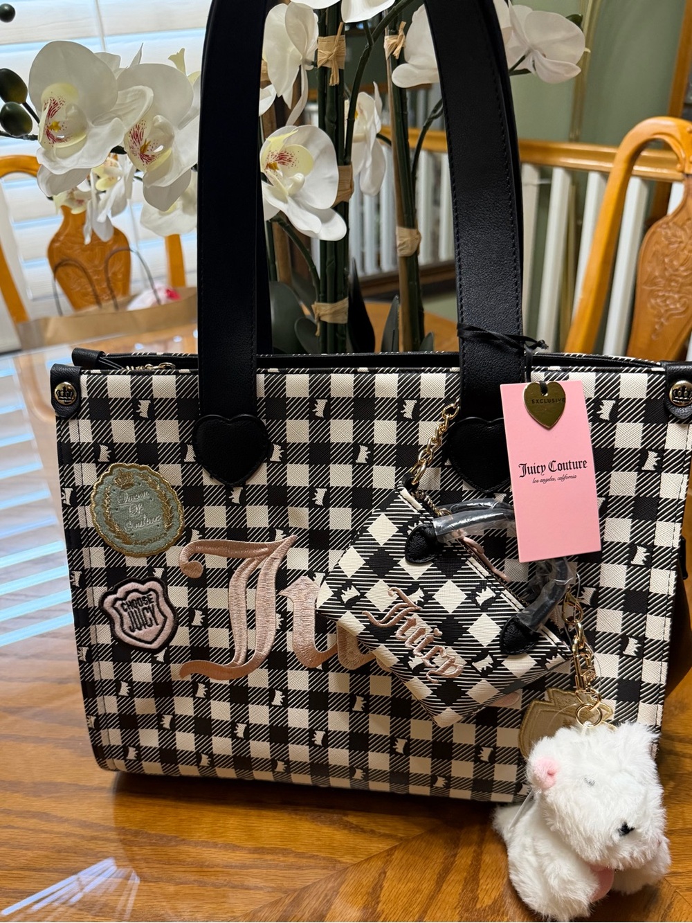 NWT Juicy Couture Black & White Gingham Tote with plush Scottie charm